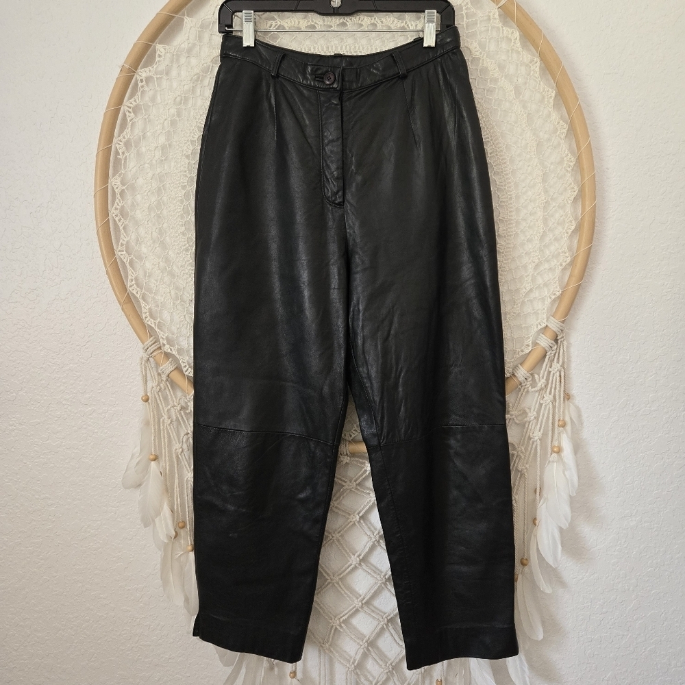 Vintage 80s Siena Studio 100% Leather Straight Tapered Leg High Waist Pants 10 - Picture 8 of 9